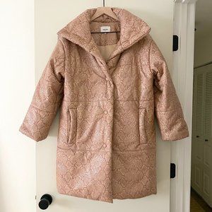 Nanushka Faux Snakeskin Print Vegan Leather Puffer Coat Jacket XS Mauve Pink